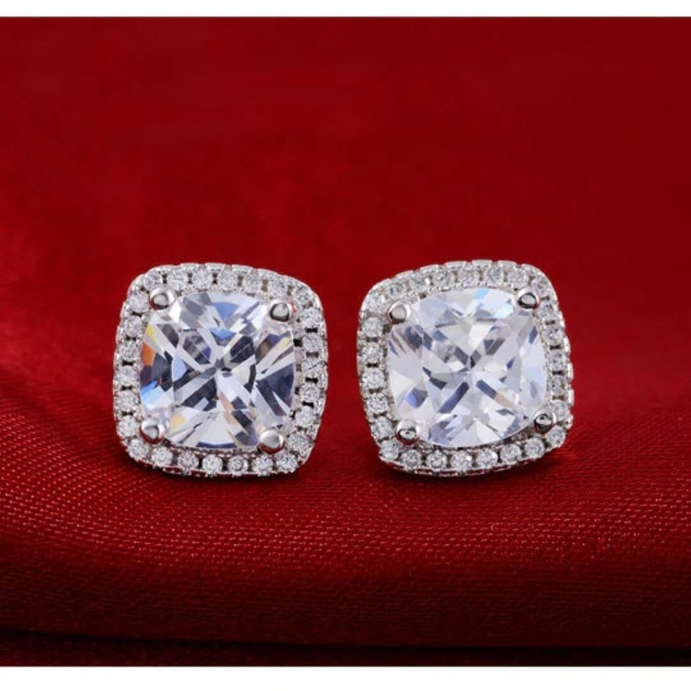 NEW Silver Cushion Diamond Halo Stud Earrings - Picture 7 of 7